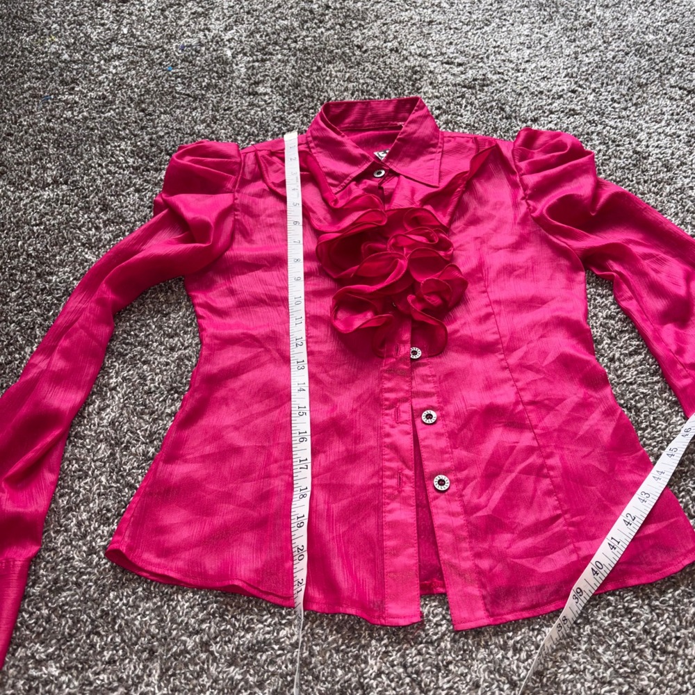 Vintage Retro 80s Style Hot Pink Ruffle Front Puffed Sleeve Button Up Blouse XS - Picture 3 of 6